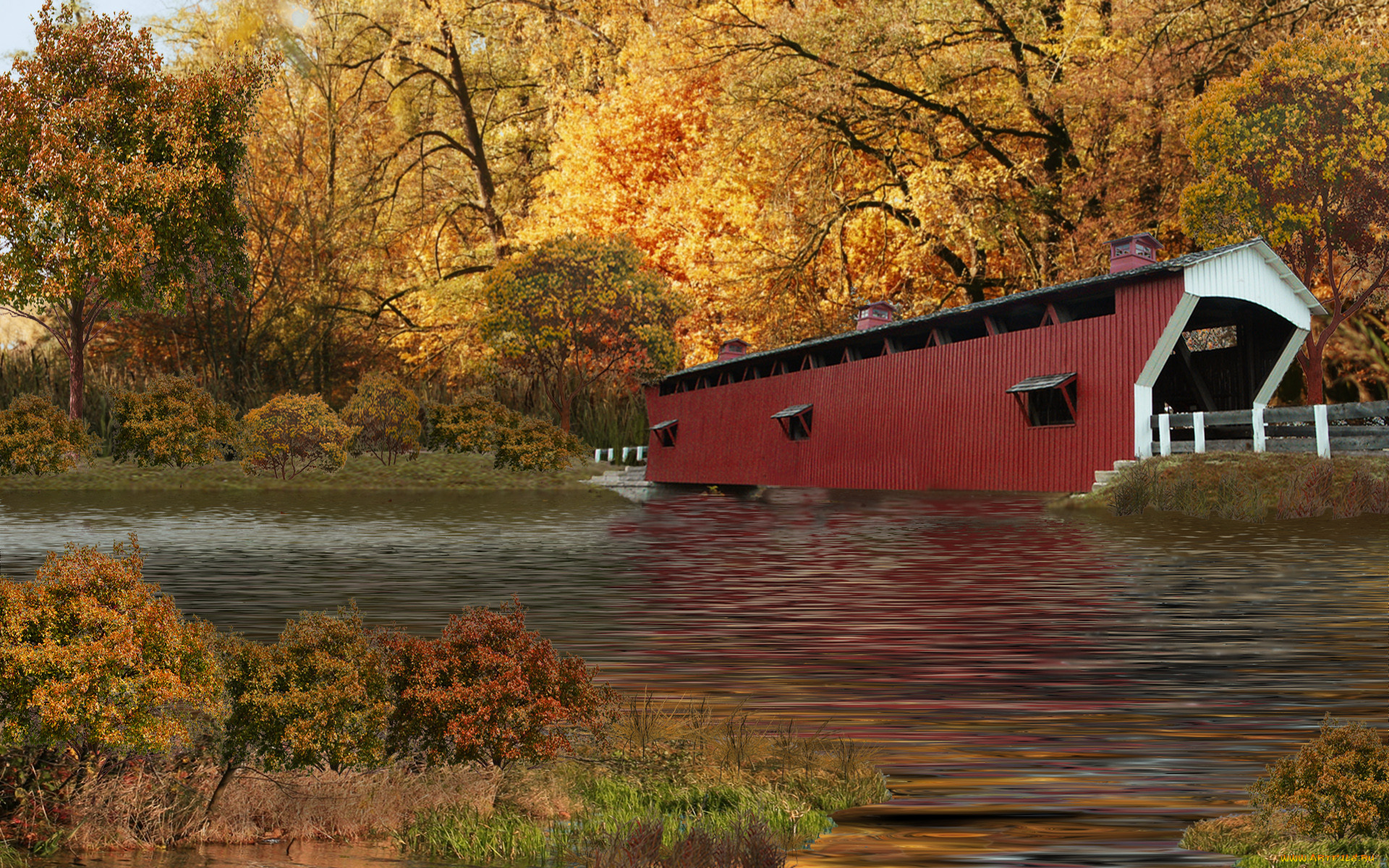 covered, bridge, in, autumn, , , , , , 